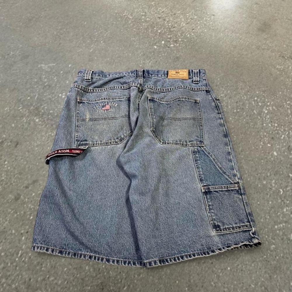 US Polo Assn Mens 36 Blue Carpenter Denim Shorts Y2K Baggy Utility Workwear
